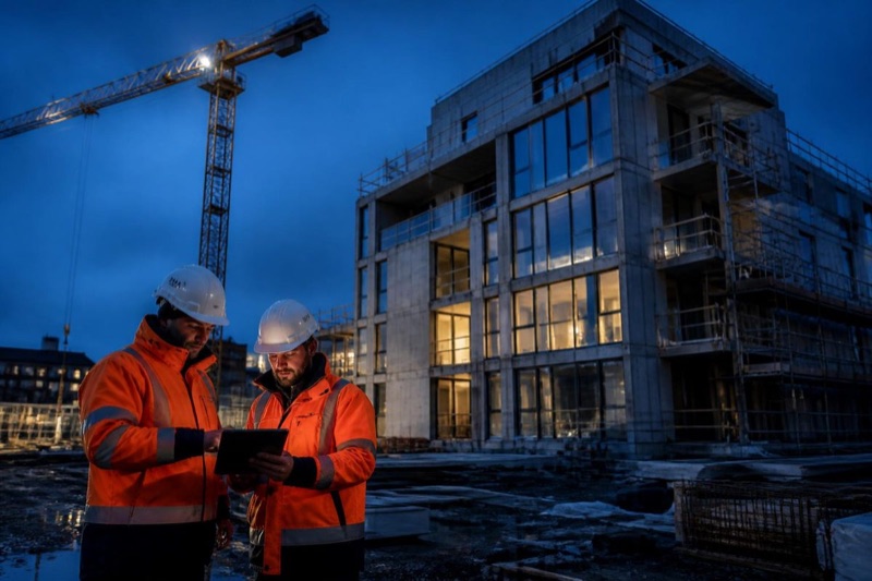 Byggeplass i skumringen med kran og to arbeidere i varselklær som ser på et nettbrett