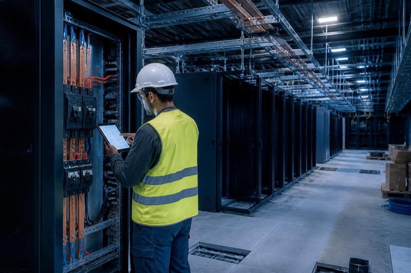 Arbeider med nettbrett ved en åpen strømtavle i en datahall med serverrack