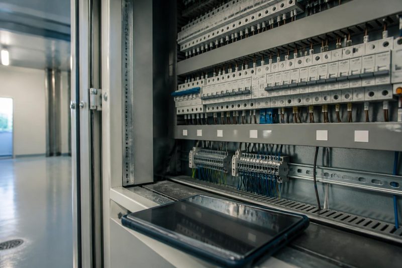 Åpent elskap med tomme merkelapper på rekkeklemmene og et nettbrett med svart skjerm